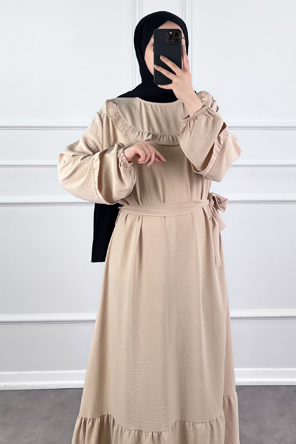 Fırfır Detaylı Tesettür Elbise - Taş
