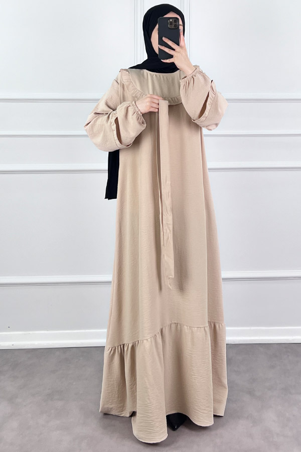 Fırfır Detaylı Tesettür Elbise - Taş