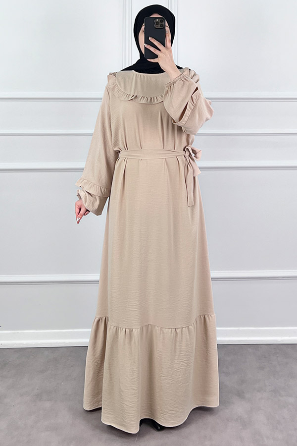 Fırfır Detaylı Tesettür Elbise - Taş