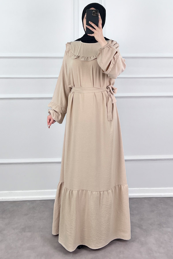 Fırfır Detaylı Tesettür Elbise - Taş