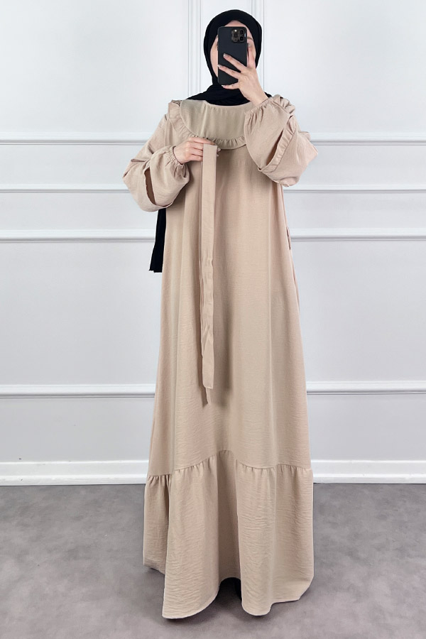 Fırfır Detaylı Tesettür Elbise - Taş