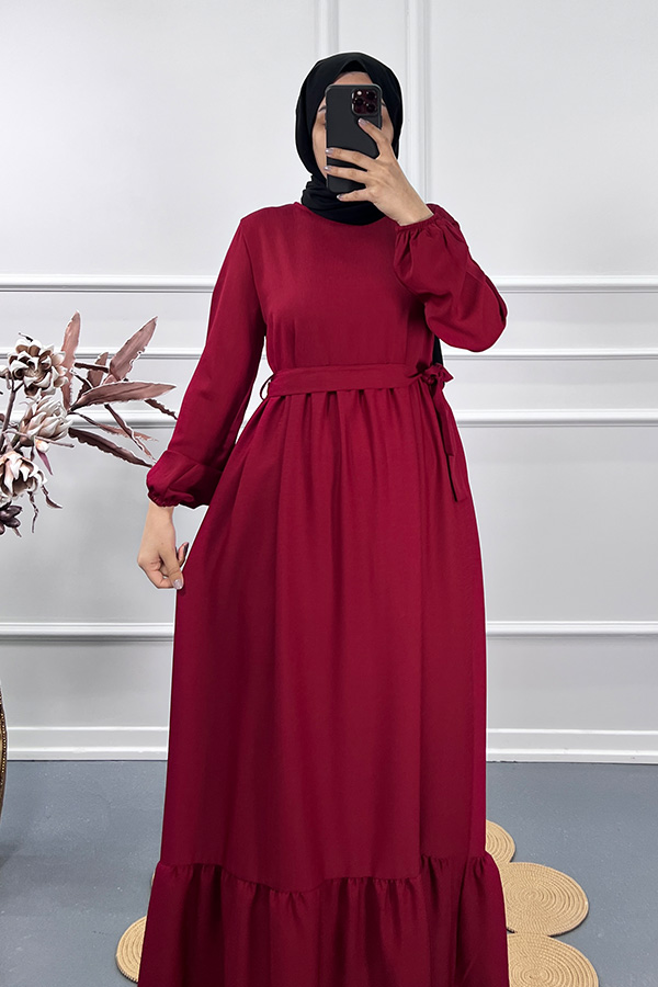 Fırfırlı Saten Elbise - Bordo