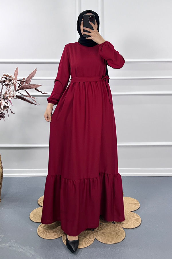 Fırfırlı Saten Elbise - Bordo