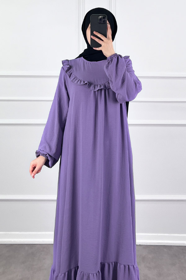 Fırfırlı Volanlı Ayrobin Elbise - Lila