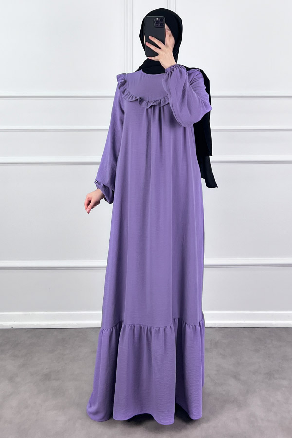 Fırfırlı Volanlı Ayrobin Elbise - Lila