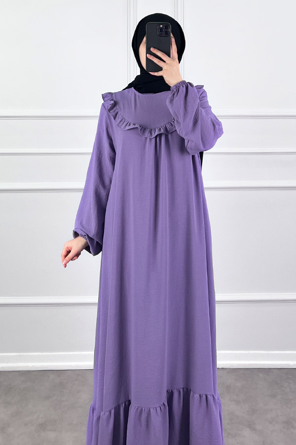 Fırfırlı Volanlı Ayrobin Elbise - Lila