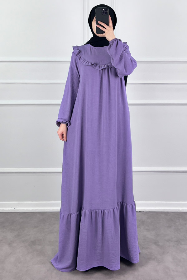 Fırfırlı Volanlı Ayrobin Elbise - Lila