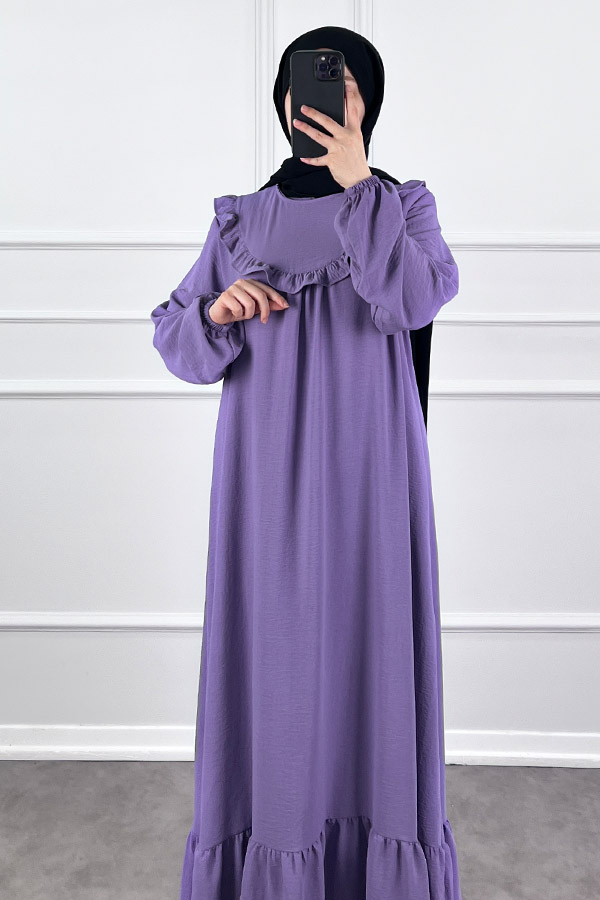 Fırfırlı Volanlı Ayrobin Elbise - Lila