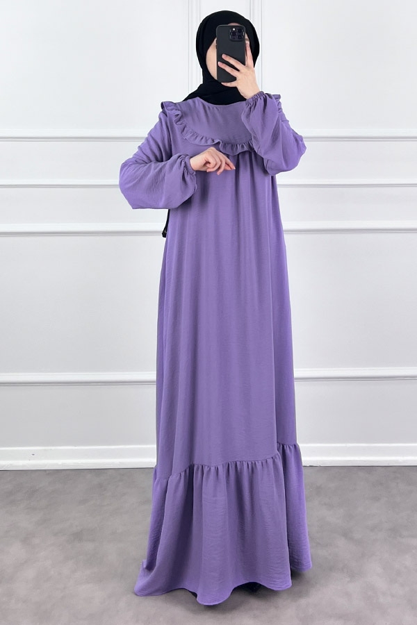 Fırfırlı Volanlı Ayrobin Elbise - Lila