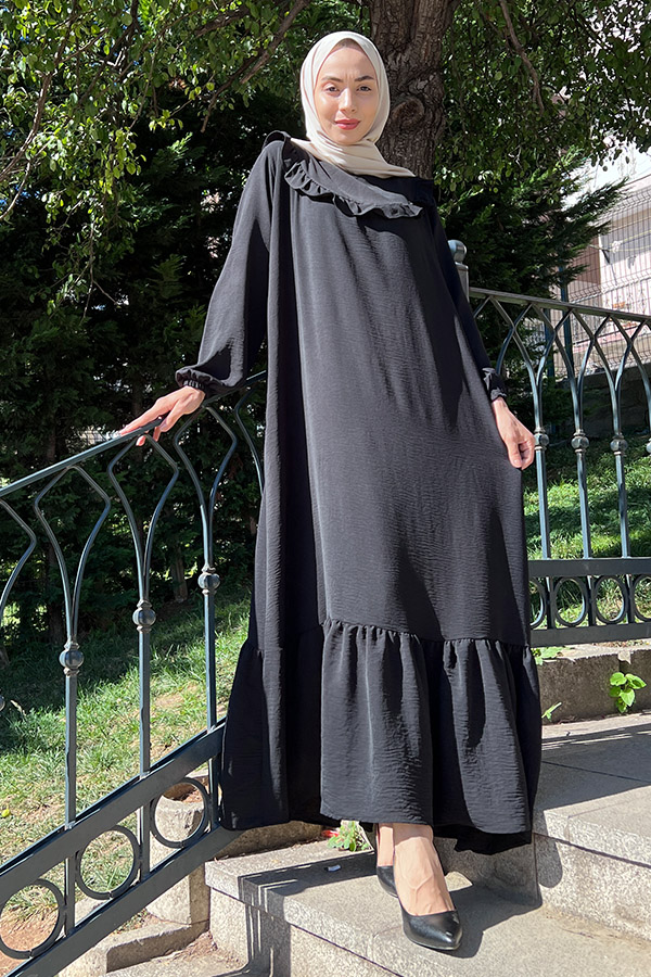 Fırfırlı Volanlı Ayrobin Elbise - Siyah