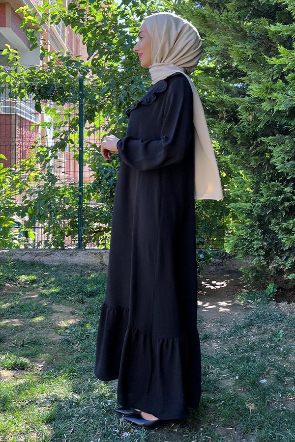 Fırfırlı Volanlı Ayrobin Elbise - Siyah