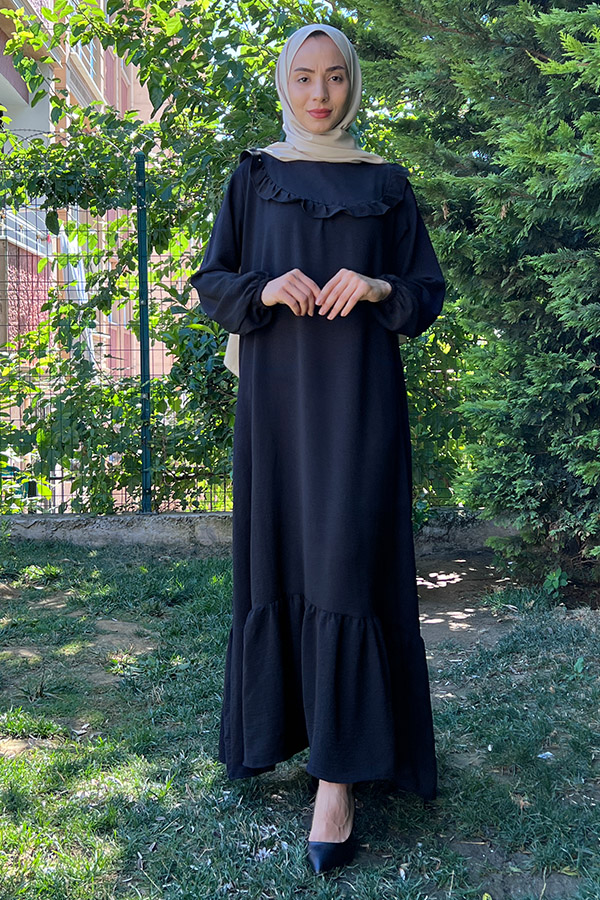 Fırfırlı Volanlı Ayrobin Elbise - Siyah