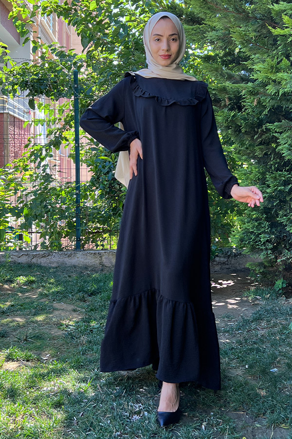 Fırfırlı Volanlı Ayrobin Elbise - Siyah