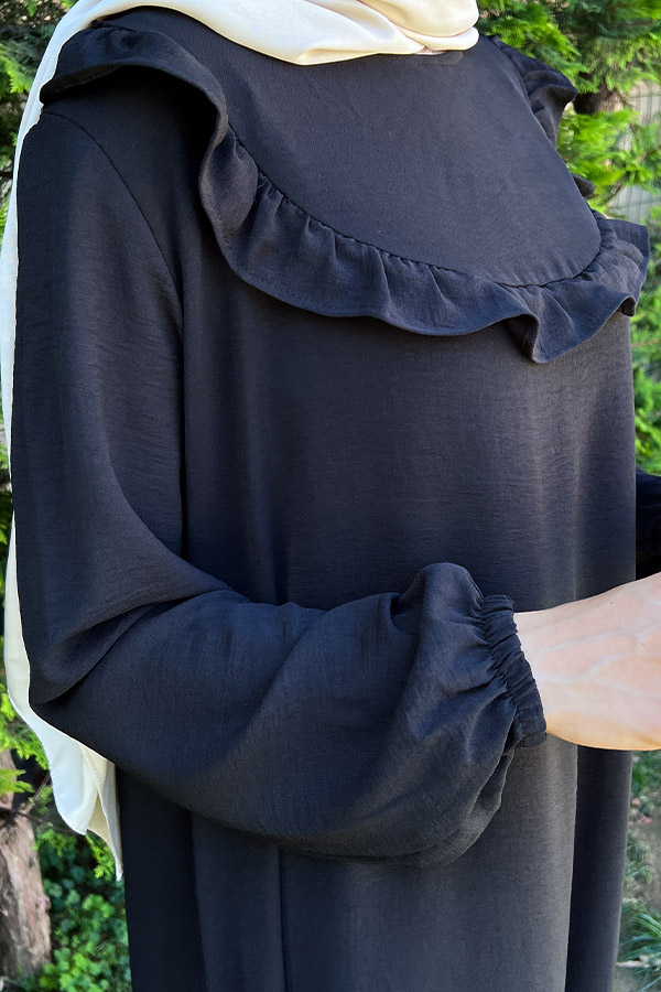 Fırfırlı Volanlı Ayrobin Elbise - Siyah