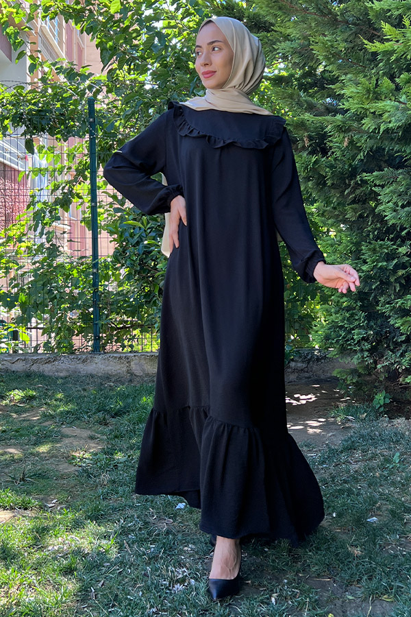 Fırfırlı Volanlı Ayrobin Elbise - Siyah