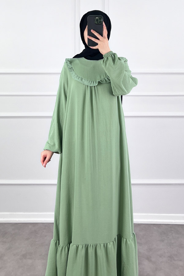 Fırfırlı Volanlı Ayrobin Elbise - Yeşil