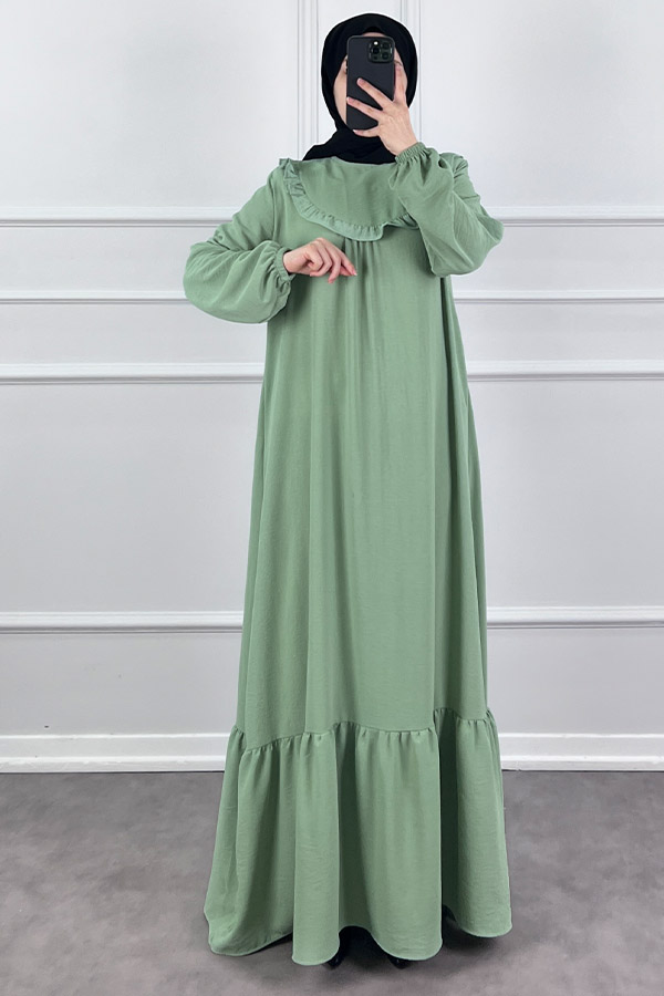 Fırfırlı Volanlı Ayrobin Elbise - Yeşil