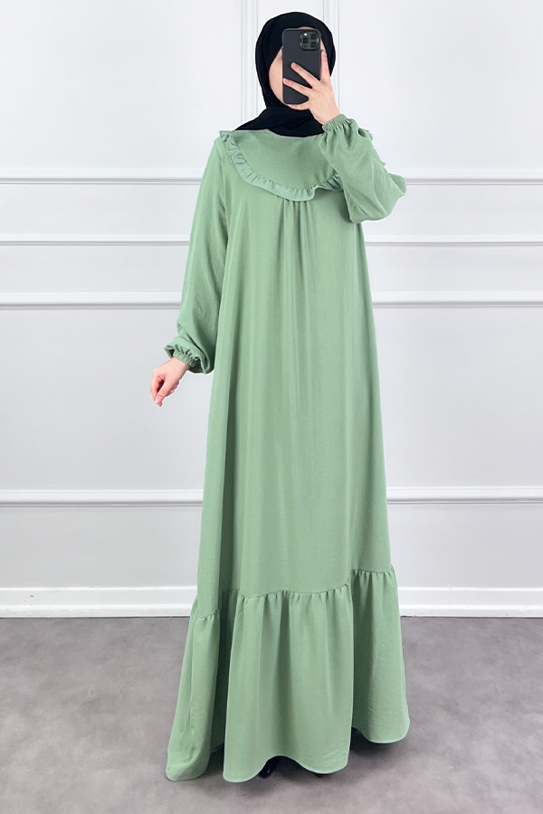 Fırfırlı Volanlı Ayrobin Elbise - Yeşil
