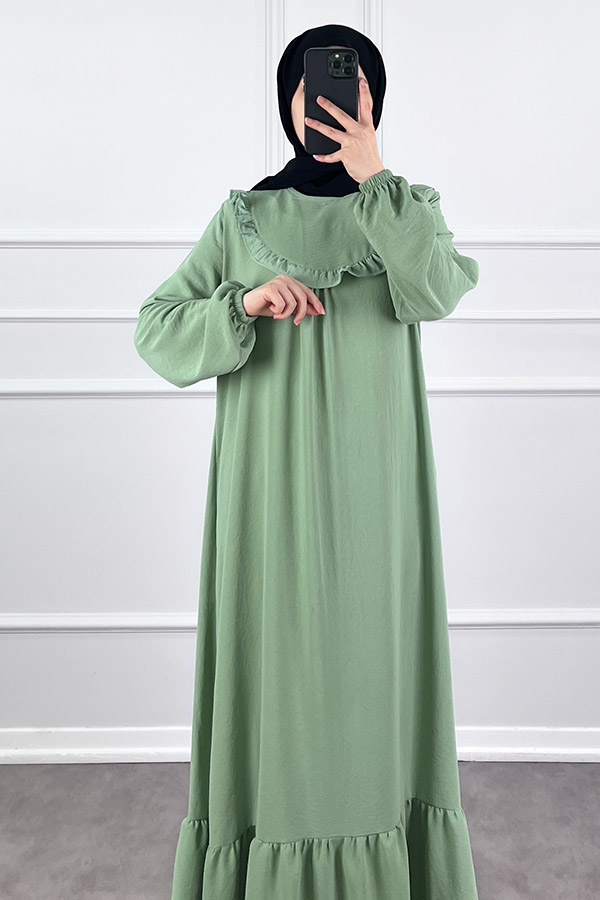 Fırfırlı Volanlı Ayrobin Elbise - Yeşil
