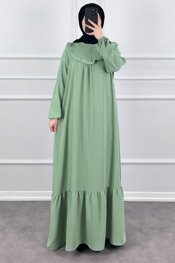 Fırfırlı Volanlı Ayrobin Elbise - Yeşil