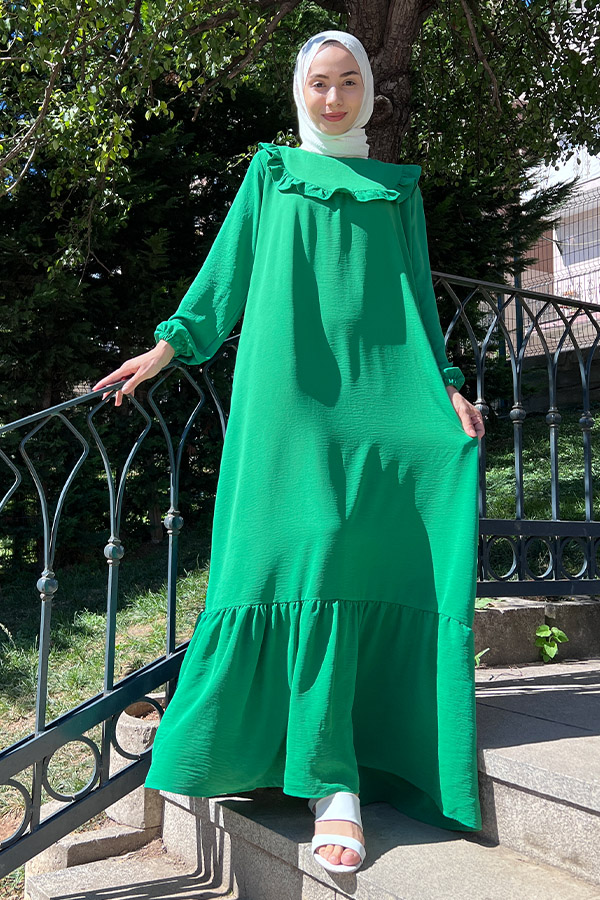 Fırfırlı Volanlı Ayrobin Elbise - Zümrüt Yeşili