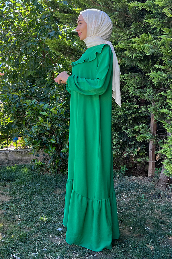 Fırfırlı Volanlı Ayrobin Elbise - Zümrüt Yeşili