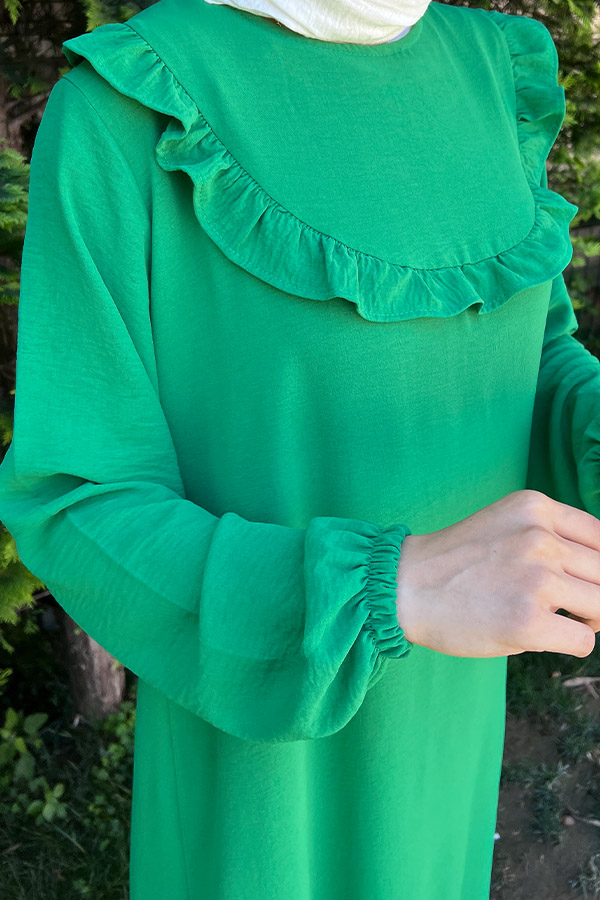 Fırfırlı Volanlı Ayrobin Elbise - Zümrüt Yeşili