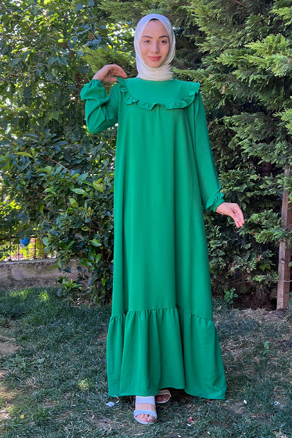 Fırfırlı Volanlı Ayrobin Elbise - Zümrüt Yeşili