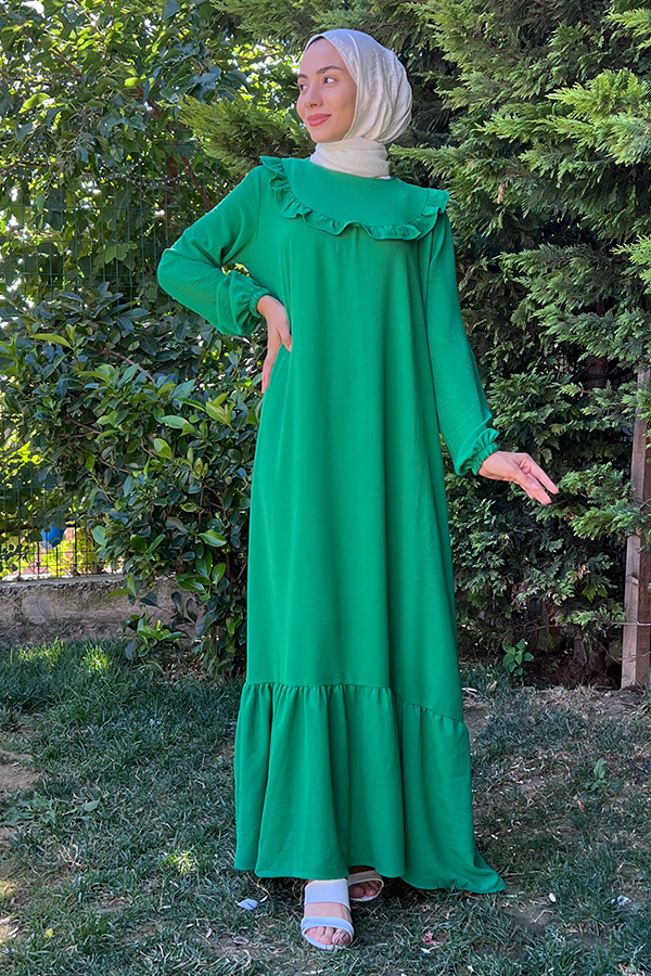 Fırfırlı Volanlı Ayrobin Elbise - Zümrüt Yeşili