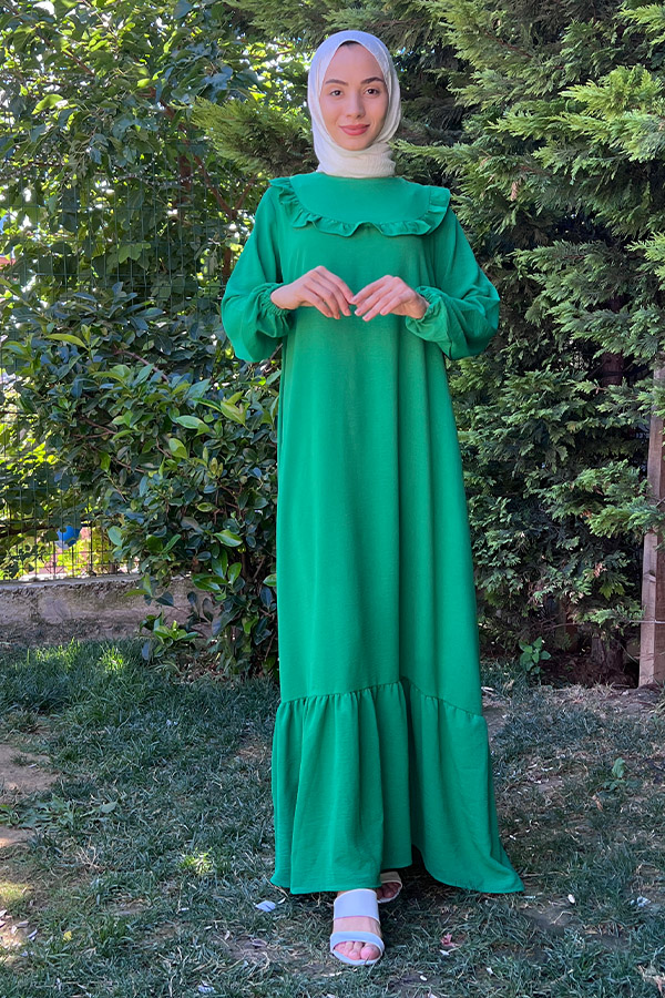 Fırfırlı Volanlı Ayrobin Elbise - Zümrüt Yeşili