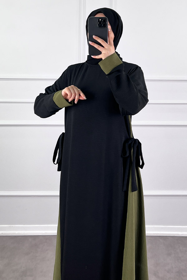 Garnili Fiyonklu Ayrobin Elbise - Haki