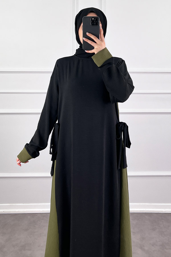 Garnili Fiyonklu Ayrobin Elbise - Haki