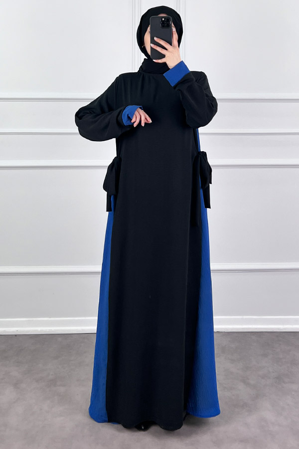 Garnili Fiyonklu Ayrobin Elbise - Mavi