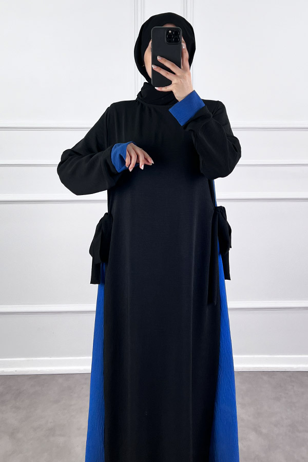 Garnili Fiyonklu Ayrobin Elbise - Mavi