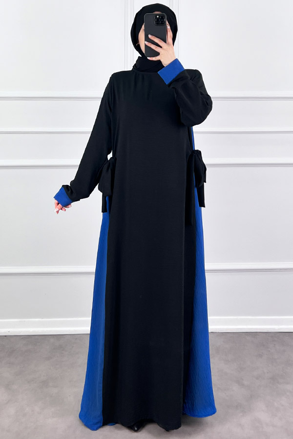 Garnili Fiyonklu Ayrobin Elbise - Mavi