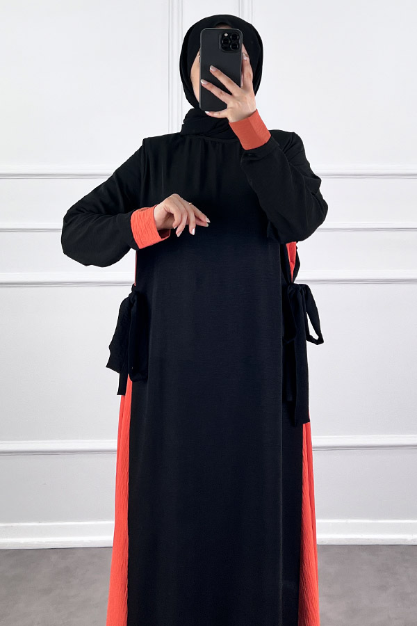 Garnili Fiyonklu Ayrobin Elbise - Nar Çiçeği