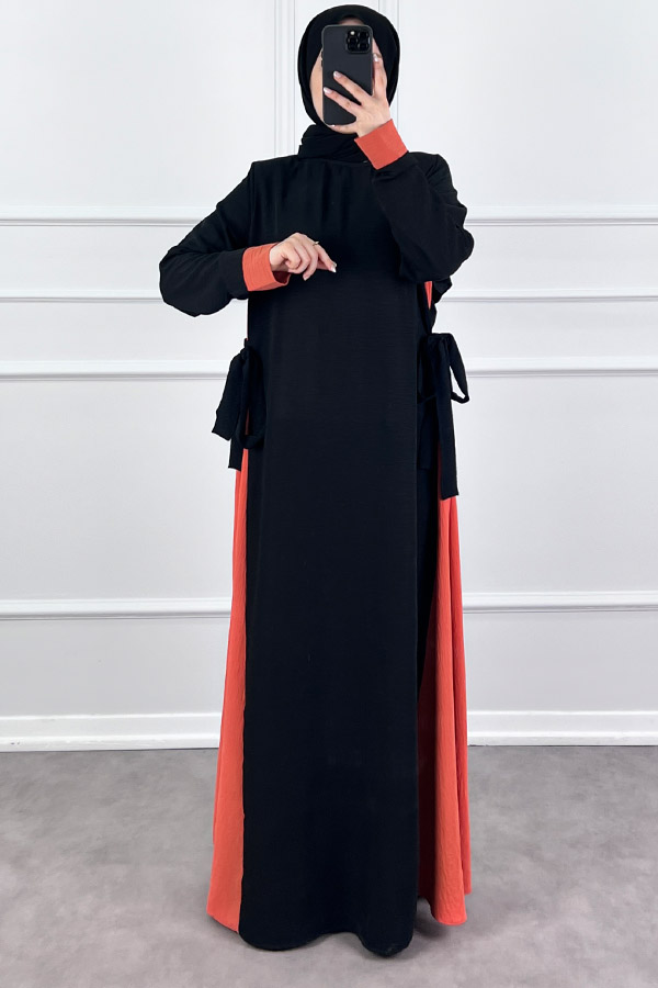 Garnili Fiyonklu Ayrobin Elbise - Nar Çiçeği