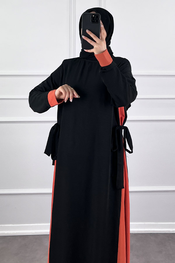 Garnili Fiyonklu Ayrobin Elbise - Nar Çiçeği