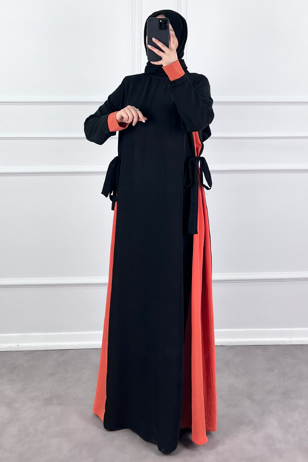 Garnili Fiyonklu Ayrobin Elbise - Nar Çiçeği