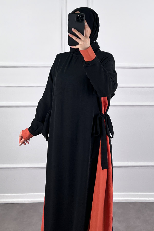 Garnili Fiyonklu Ayrobin Elbise - Nar Çiçeği