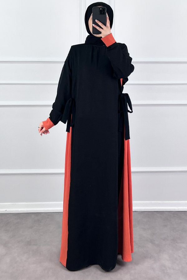 Garnili Fiyonklu Ayrobin Elbise - Nar Çiçeği