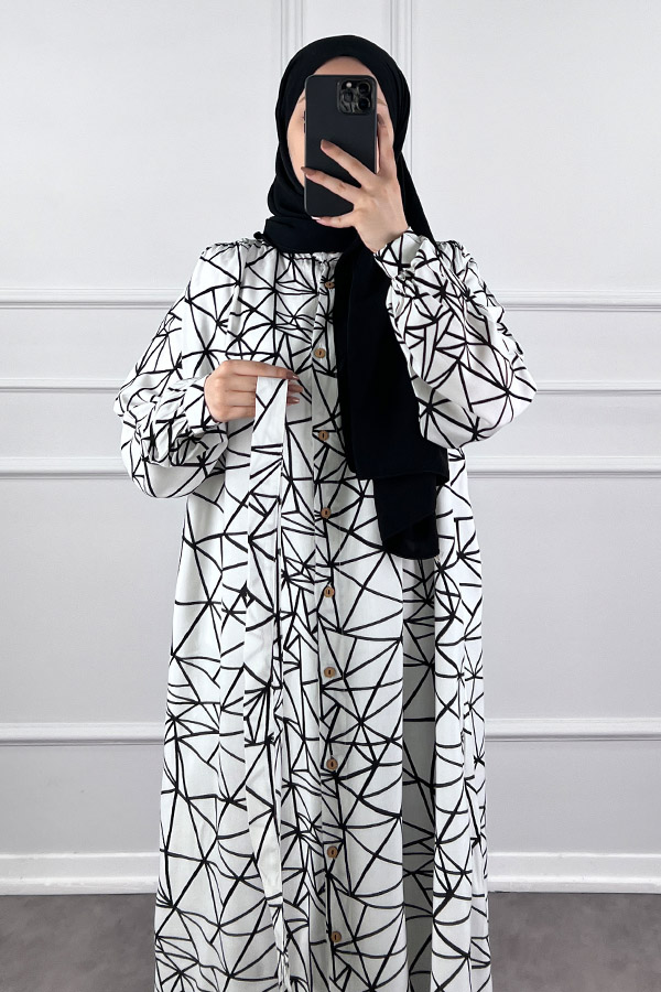 Geometrik Desen Gömlek Tunik - Beyaz