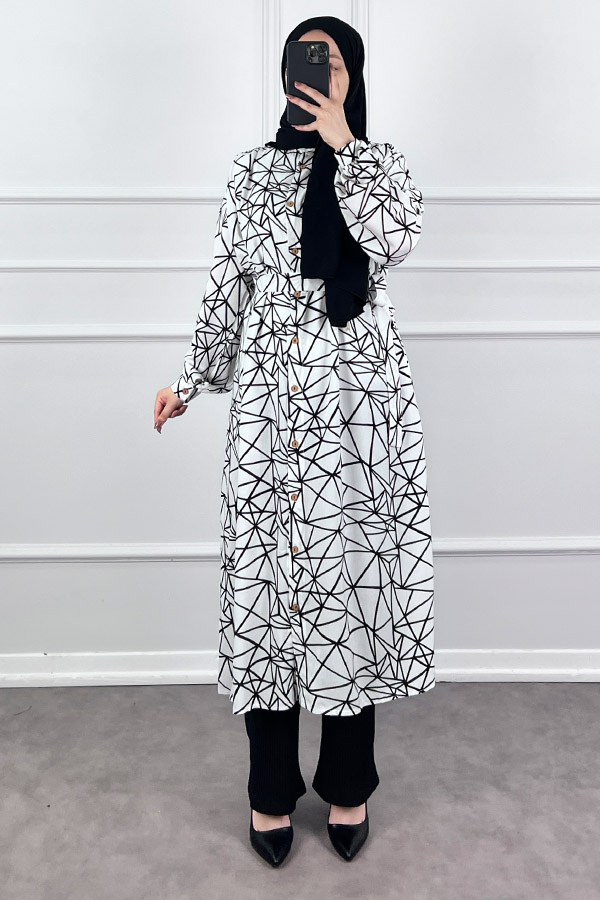 Geometrik Desen Gömlek Tunik - Beyaz
