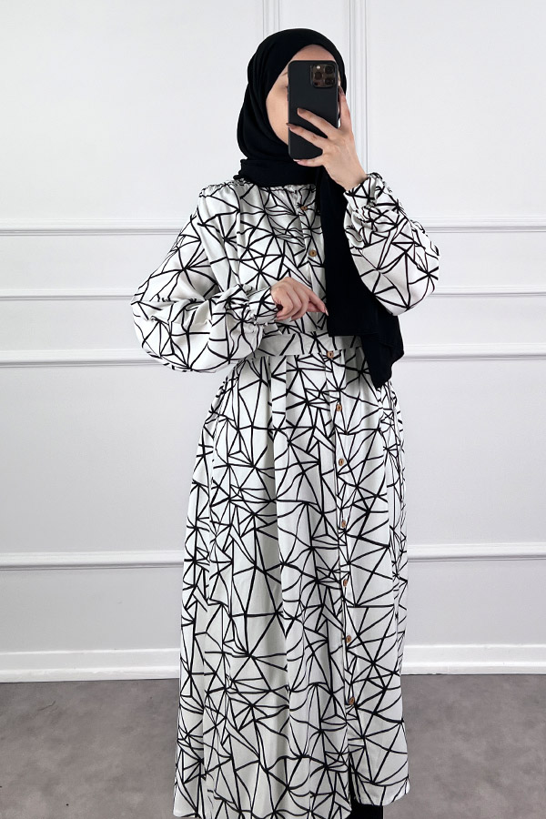 Geometrik Desen Gömlek Tunik - Beyaz