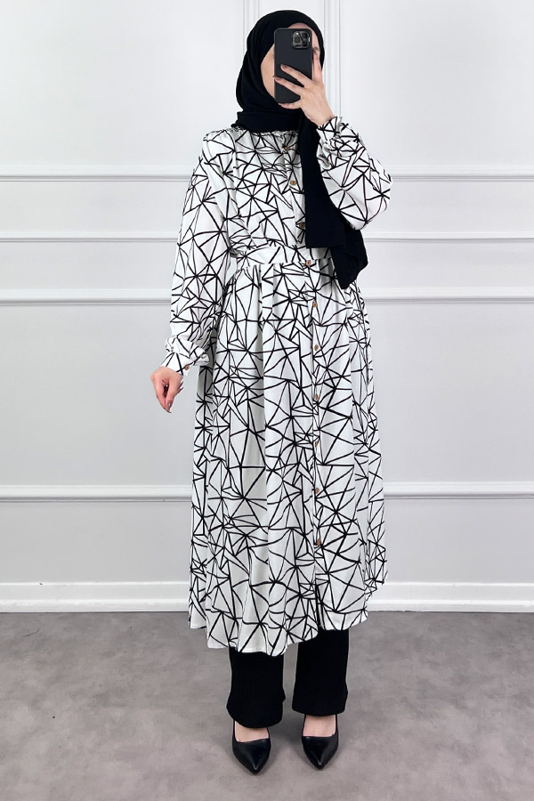 Geometrik Desen Gömlek Tunik - Beyaz