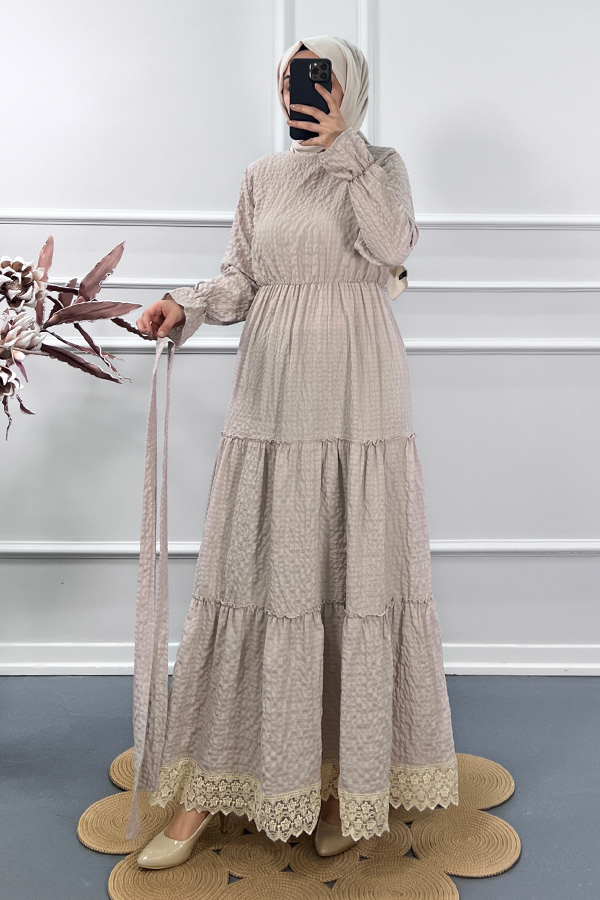 Gofre Pamuk Elbise - Vizon Gofre Pamuk Elbise - Vizon