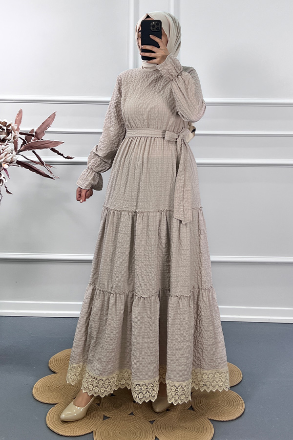 Gofre Pamuk Elbise - Vizon Gofre Pamuk Elbise - Vizon