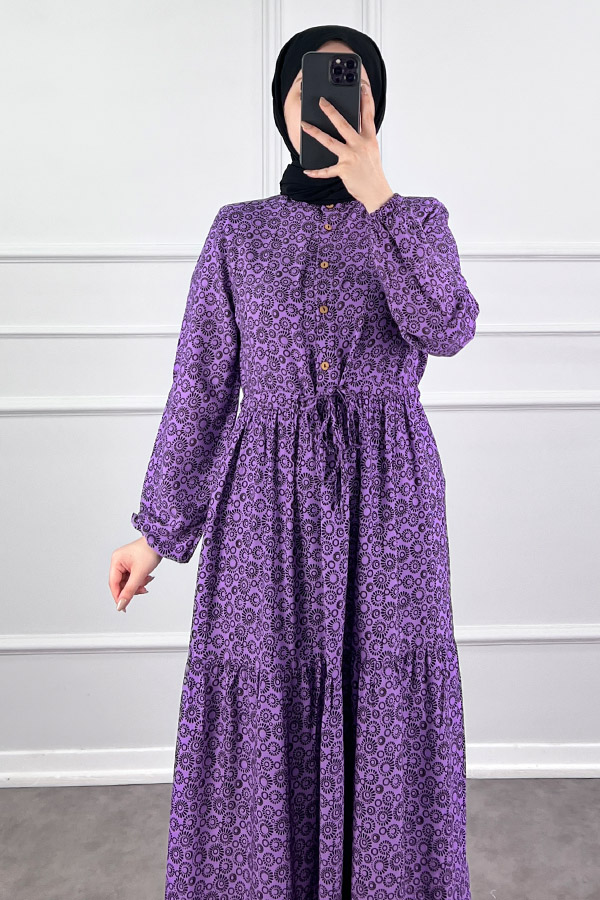 Halka Desen Pamuk Viskon Kumaş Elbise - Lila