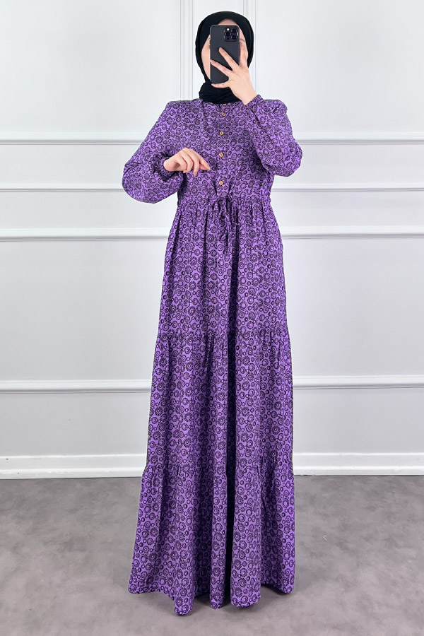 Halka Desen Pamuk Viskon Kumaş Elbise - Lila