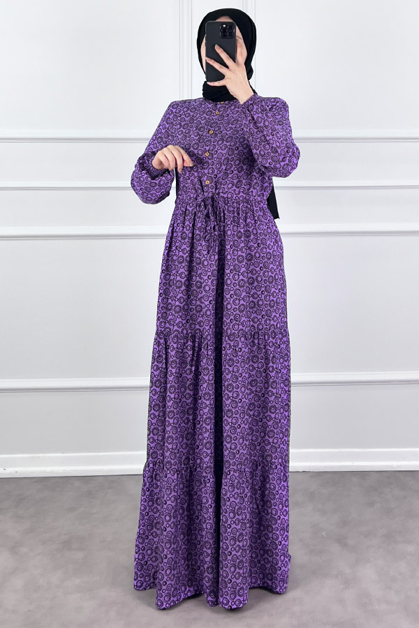 Halka Desen Pamuk Viskon Kumaş Elbise - Lila